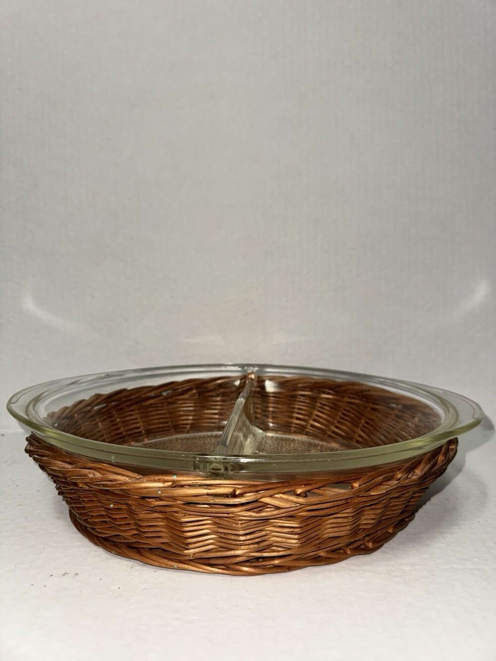 Glass Glasbake Divided Casserole Dish #J239 &Wicker Basket Carrier Vintage Piece